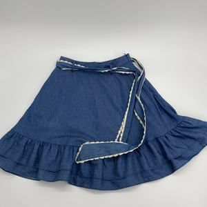 MODCLOTH Chambray Skirt Women's Size S Mini Ruffle Self Tie Belt A-Line Pockets